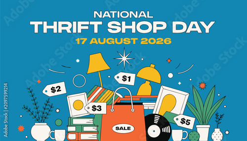 Bright graphic illustration celebrating the annual national thrift shop day event