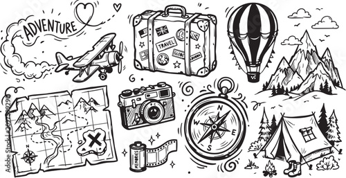 Whimsical travel icons with a black and white ink sketch style, depicting adventure and exploration with clean lines and scalable design elements for diverse commercial