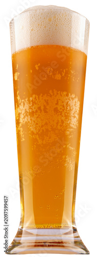 Tall glass filled with golden beer, showcasing thick frothy head emphasizing refreshing qualities of beverage in minimalist setting. Isolated