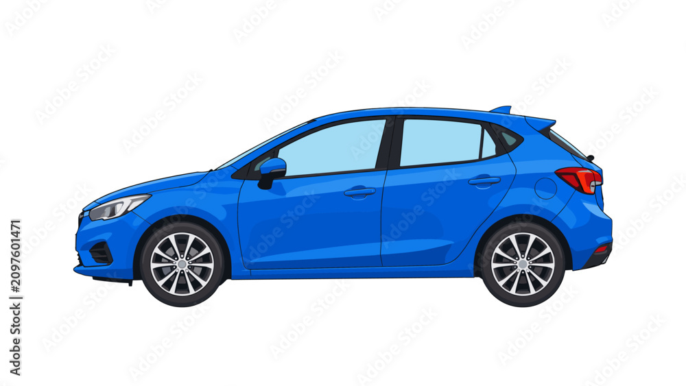 Naklejka premium Blue compact hatchback car side view vector illustration