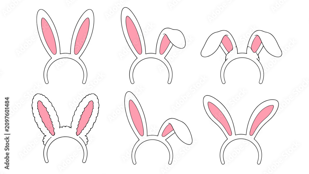 Fototapeta premium Set of bunny ear headbands in simple outlined vector style