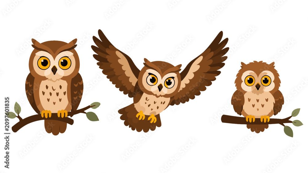 Obraz premium Cute cartoon owl set with perched and flying birds