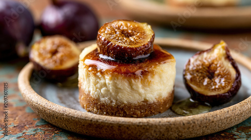 Fresh figs topped with creamy cheese on a rustic plate