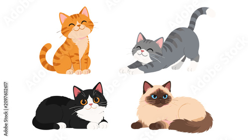 Cute cartoon cats in different poses isolated on white