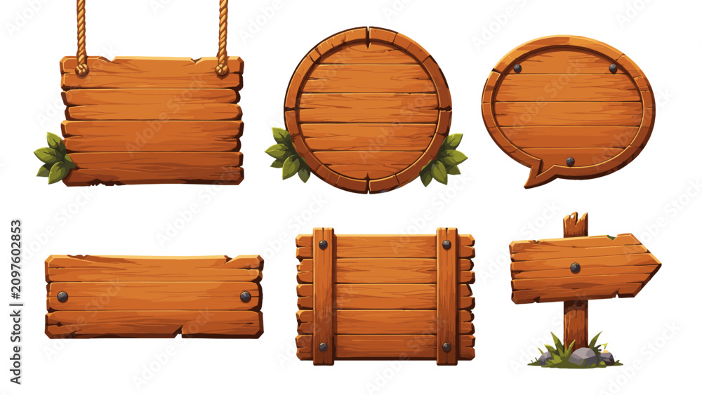 Fototapeta premium Set of rustic wooden signs and blank boards in cartoon style