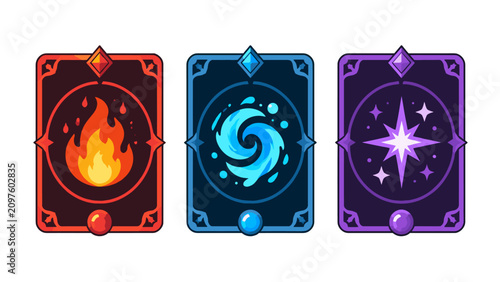 Fotografía Three fantasy magic cards with fire water and star symbols