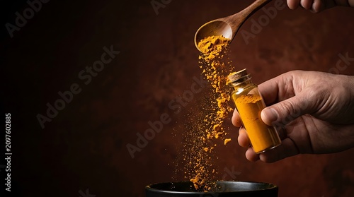 Turmeric powder pouring from wooden spoon into a glass bottle
