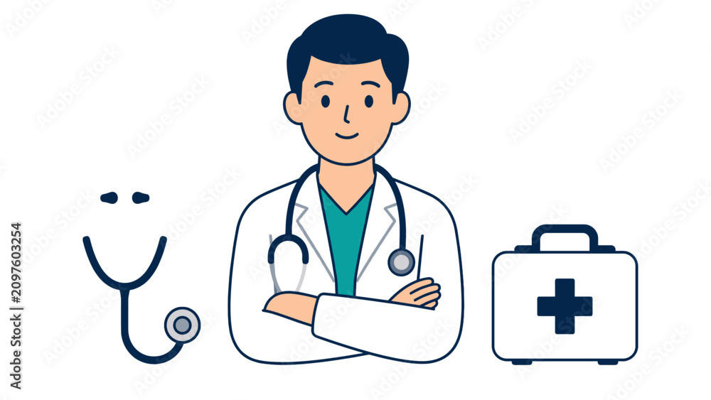 Fototapeta premium Male doctor with stethoscope and medical kit vector illustration