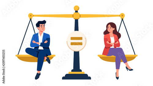 Bild auf Leinwand Man and woman sitting on balanced scale with equal sign