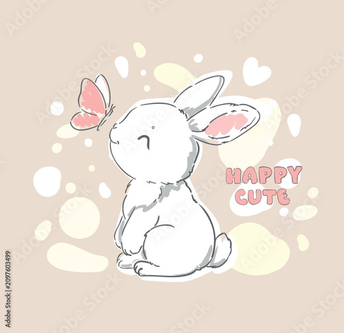 Hand Drawn Vector Cute Bunny Nursery Print with Happy Cute Lettering