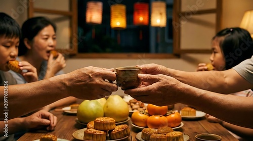 Family shares food and drink during evening celebration with lanterns