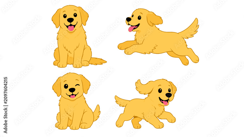Fototapeta premium Cute golden puppy cartoon set in playful poses