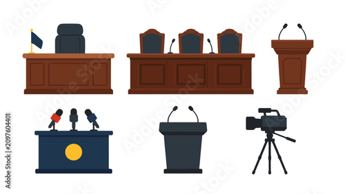 Billede på lærred Vector set of courtroom desks podiums microphones and camera