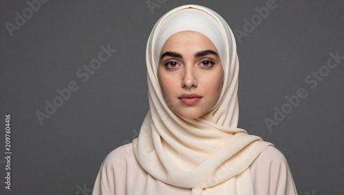 Portrait of a young woman with brown eyes wearing a cream hijab in a studio shot