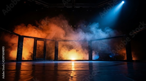 Empty octagon fighting cage filled with dramatic orange and blue smoke and lighting effects on dark background with reflections on wet floor spotlight illuminates arena.