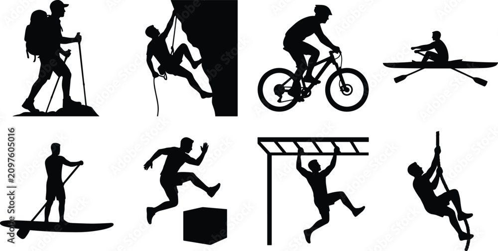 Fototapeta premium Outdoor Adventure Sports Silhouette Collection with Hiking Climbing Cycling and Water Activities Vector Set
