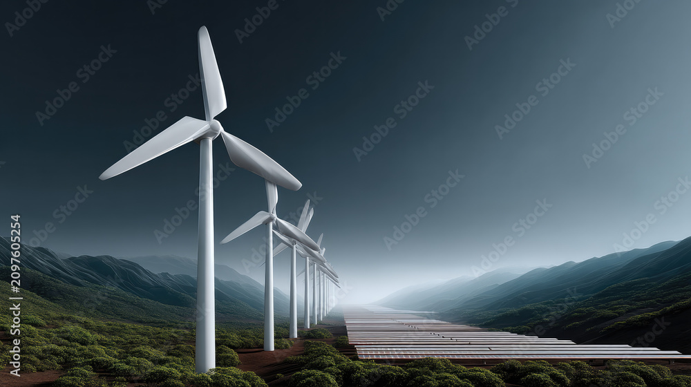 Fototapeta premium Side view of modern wind turbine, solar panel, mountain landscape, clean energy, green technology, dramatic sky