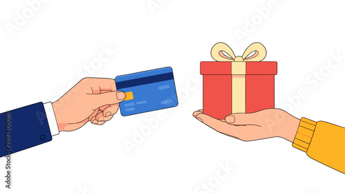 Fotografía Hand holding credit card toward gift box in another hand