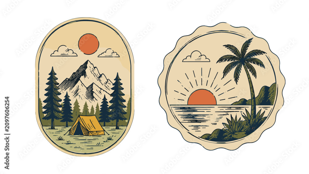 Obraz premium Vintage style vector badges with mountain camp and tropical sunset