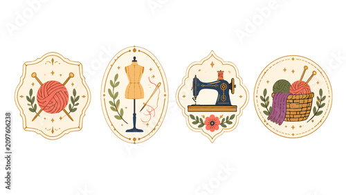 Canvastavla Vintage sewing and knitting craft emblem set in floral frames