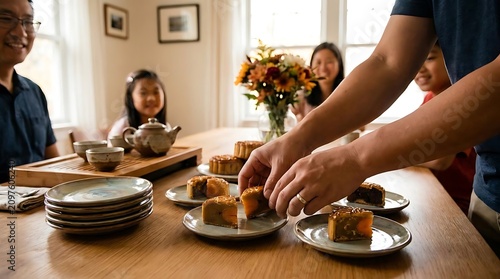 Family sharing mooncakes and tea around a wooden table