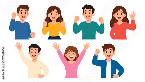 Set of happy cartoon people waving and gesturing thumbs up
