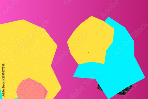 A colorful abstract art piece featuring geometric shapes on a pink background