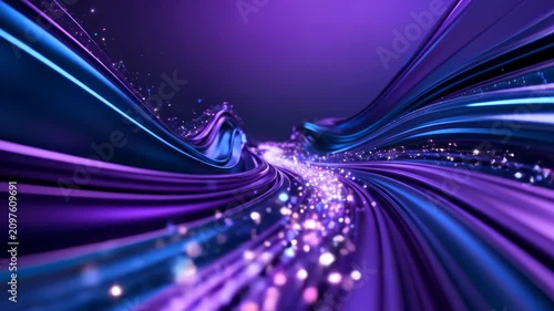 Vibrant abstract light trails in shades of purple and pink creating a futuristic energy flow through a dark digital tunnel, adorned with sparkling particles
