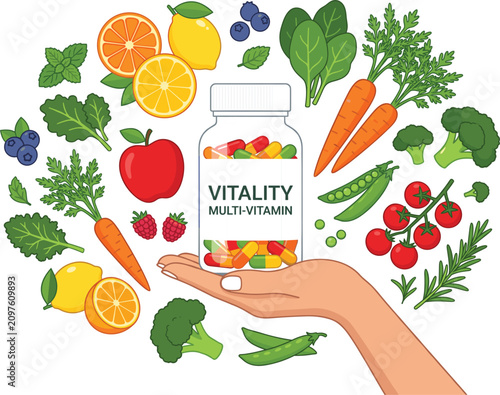 Canvastavla Hand holding multivitamin bottle vector illustration, healthy capsule supplement food and organic vegetable background