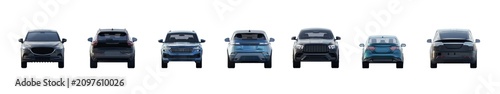 front and back view of unbranded modern cars in daylight lighting isolated png on a transparent background premium cutout (car elevation set, vehicle cutouts for architecture)