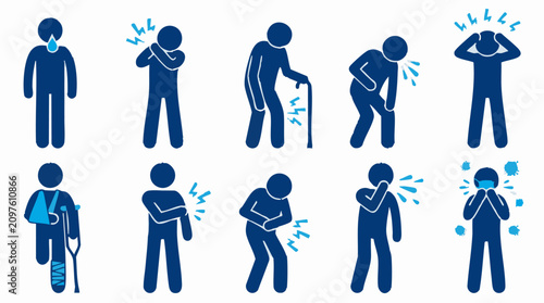 Foto Human figures showing common sickness, pain, and injury symptoms icons