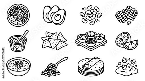 Foto Mexican Food Icons: Tacos, Guacamole, Nachos, Beans, Avocado, Salsa, Lime, Corn