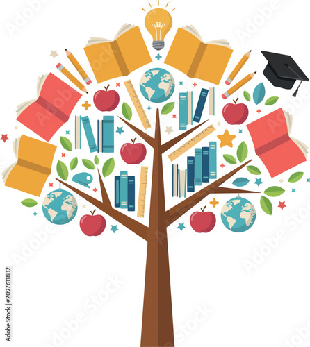 Knowledge Tree with Books and School Supplies in Bright Light symbolizing Education and Growth
