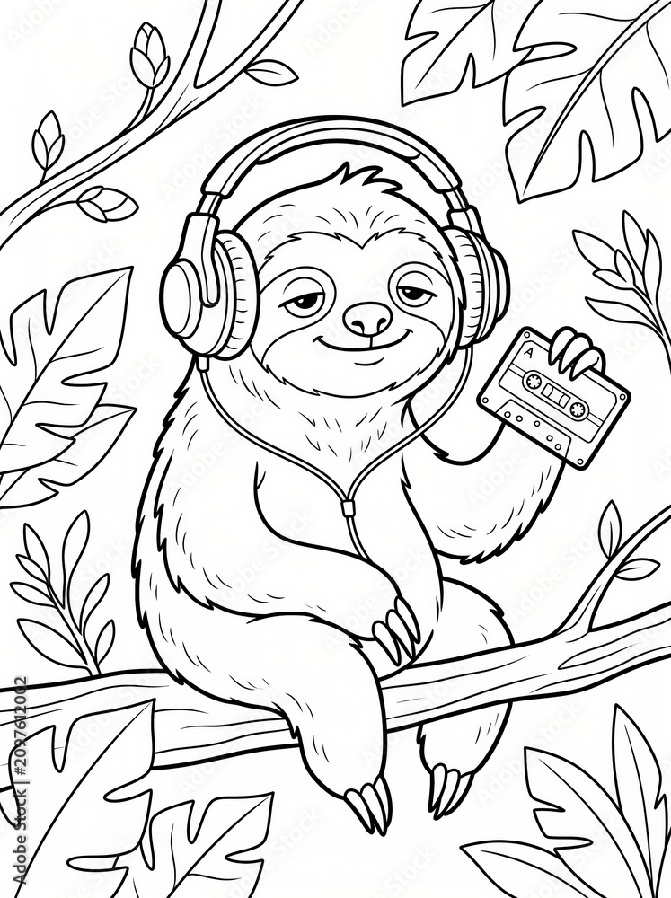 Fototapeta premium Coloring page, relaxed sloth wearing headphones holding a cassette tape.