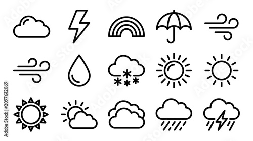 Obraz na płótnie Weather Icons: Sun, Clouds, Rain, Snow, Lightning, Wind, Umbrella, Rainbow