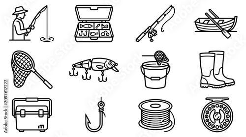 Cuadro en lienzo Fishing Equipment Icons: Rod, Reel, Lure, Tackle Box, Net, Boat, Boots, Cooler