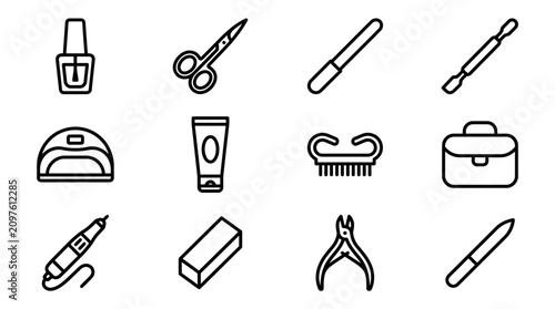 Foto Nail Care Icons Set: Manicure Tools, Polish, Lamp, Cream, Cuticle Nipper, File