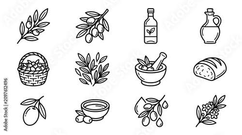 Cuadro en lienzo Olive Oil Icons: Branches, Fruit, Bottles, Basket, Mortar, Bread