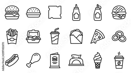 Cuadro en lienzo Fast Food Icons Set: Burgers, Fries, Drinks, Pizza, Hot Dog, Ice Cream, Coffee