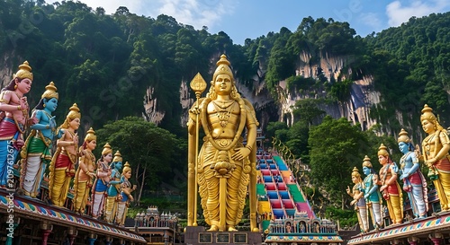 Golden Hindu Deity Statue Standing at Colorful Temple Entrance Below Limestone Caves