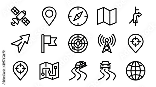 Foto Navigation Icons Set: GPS, Map, Compass, Satellite, Location, Car, Globe, Radar,