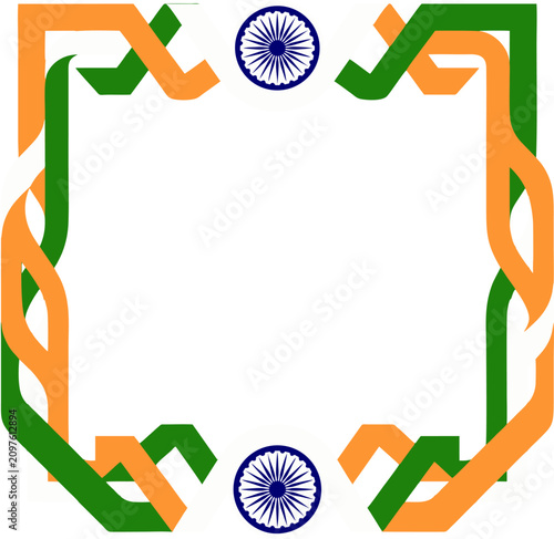 Indian National Flag Theme Border with Ashoka Chakra and Saffron Green Geometric Intertwined Lines for Independence Day Celebration Design