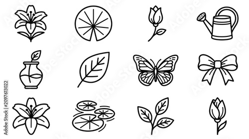 Canvastavla Set of 12 Hand-Drawn Garden and Nature Icons: Flowers, Butterfly, Watering Can,