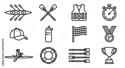 Konstfotografi Kayaking and Rowing Icons: Canoe, Oars, Life Vest, Stopwatch, Cap, Bottle, Flag,