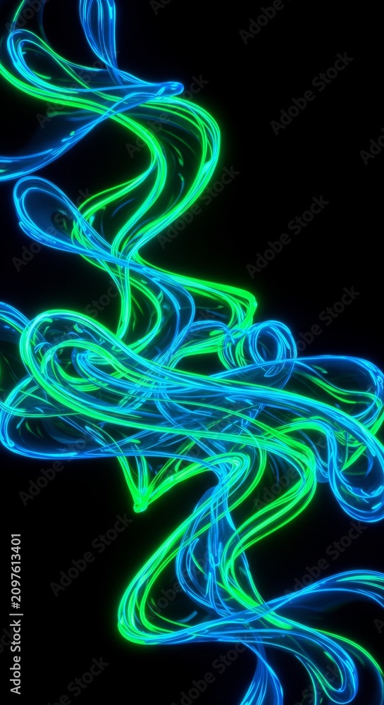 Fototapeta premium Abstract background with glowing neon light lines in wavy motion. Digital 3D wallpaper with vibrant lime and blue curved shapes. Retro Y2K style visual for modern artistic web design.
