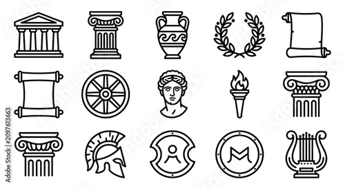 Ancient Greek Icons: Columns, Laurel Wreath, Scroll, Amphora, Helmet, Lyre, Torch, Wheel