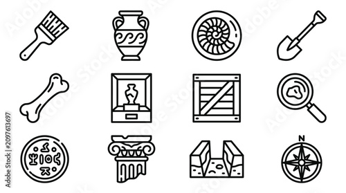 Archaeology Icons Set: Brush, Vase, Fossil, Shovel, Bone, Artifact, Crate, Magnifier, Coin, Column, Dig Site, Compass