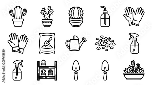 Gardening Icons: Cacti, Succulents, Tools, Gloves, Watering Can, Soil Bag