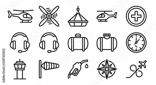 Valokuva Aviation Icons Set: Helicopter, Propeller, Crane, Fuel, Compass, Clock, Tower, W