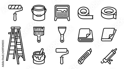 Home Renovation Tools and Supplies Line Icons Set